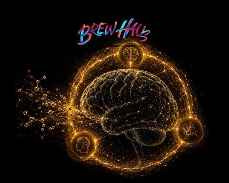 Cerebro rodeado por una red neuronal dorada que representa la investigación sobre cafeína y salud cerebral.