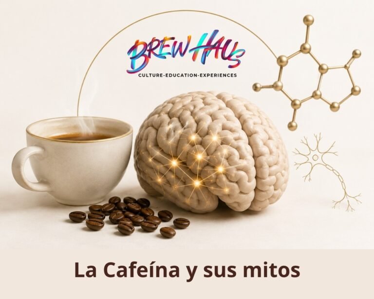 Cerebro, taza de café y representación molecular de la cafeína para ilustrar los mitos sobre sus efectos.