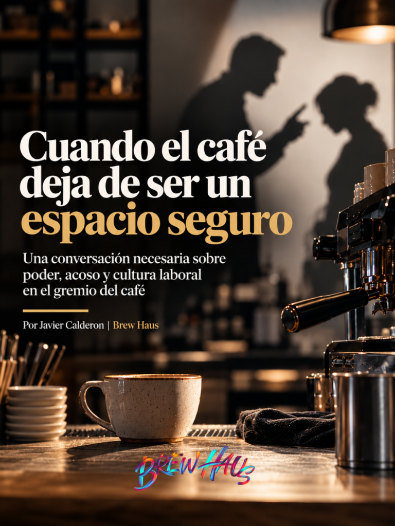 Portada editorial sobre relaciones de poder y acoso laboral en el gremio del café, con siluetas de dos personas detrás de una barra.