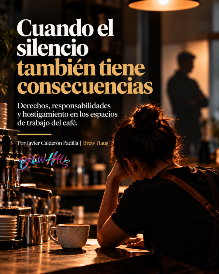 Portada editorial sobre acoso laboral y hostigamiento sexual en cafeterías, con una barista en silencio y una figura desenfocada al fondo.