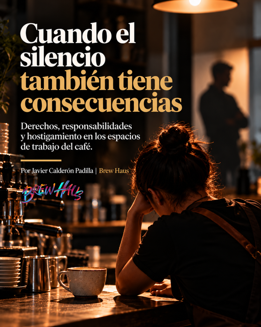 Portada editorial sobre acoso laboral y hostigamiento sexual en cafeterías, con una barista en silencio y una figura desenfocada al fondo.
